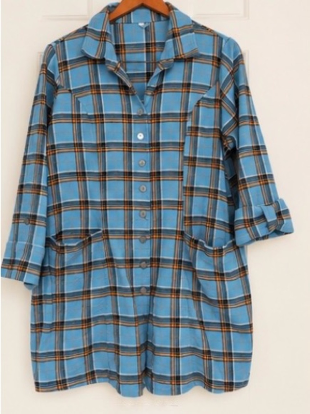 Blue Sky Larissa Plaid Flannel Tunic Shirt Jacket Blue Orange L - Picture 3 of 3